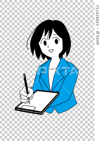 A woman in a suit taking a questionnaire A woman in a suit taking a questionnaire 130924712