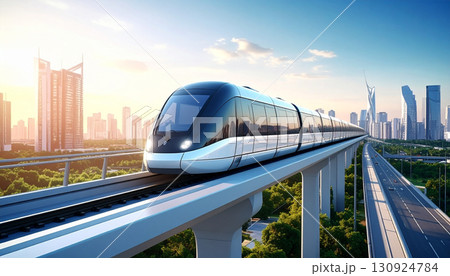 未来都市を走る近未来デザインのモノレール 130924784