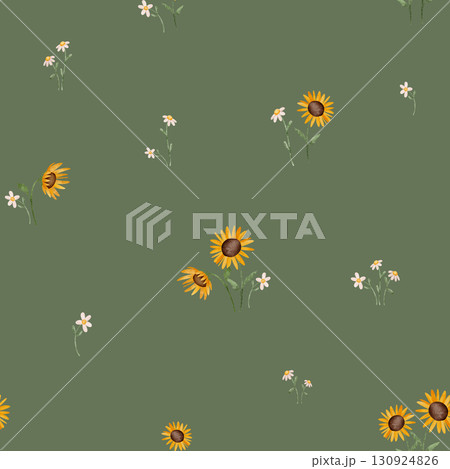 Seamless watercolor pattern with daisies, sunflowers, and bees. Hand-drawn floral and insect illustrations, perfect for children's textiles, nursery decor, and playful designs. Bright and cheerful. 130924826