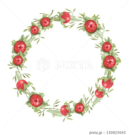 Watercolor red Duchesnea indica berries wreath on isolated background. Mock strawberry with leaves round frame. Floral illustration for herbal medicine design, healthy food decor, packaging, label. 130925043