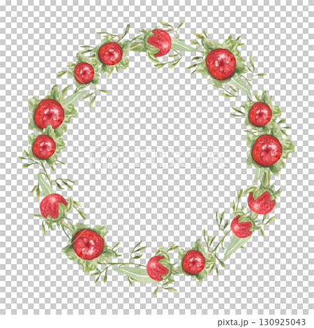 Watercolor red Duchesnea indica berries wreath on isolated background. Mock strawberry with leaves round frame. Floral illustration for herbal medicine design, healthy food decor, packaging, label. Watercolor red Duchesnea indica berries wreath on isolated background. Mock strawberry with leaves round frame. Floral illustration for herbal medicine design, healthy food decor, packaging, label. 130925043