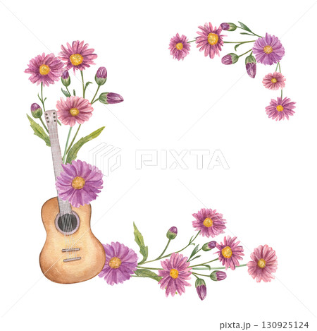 Watercolor six string guitar and autumn asters border on isolated background. Musical instrument, chrysanthemum square frame with copy space for text. For music event posters, concert invitations. Watercolor six string guitar and autumn asters border on isolated background. Musical instrument, chrysanthemum square frame with copy space for text. For music event posters, concert invitations. 130925124