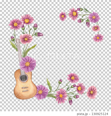 Watercolor six string guitar and autumn asters border on isolated background. Musical instrument, chrysanthemum square frame with copy space for text. For music event posters, concert invitations. Watercolor six string guitar and autumn asters border on isolated background. Musical instrument, chrysanthemum square frame with copy space for text. For music event posters, concert invitations. 130925124