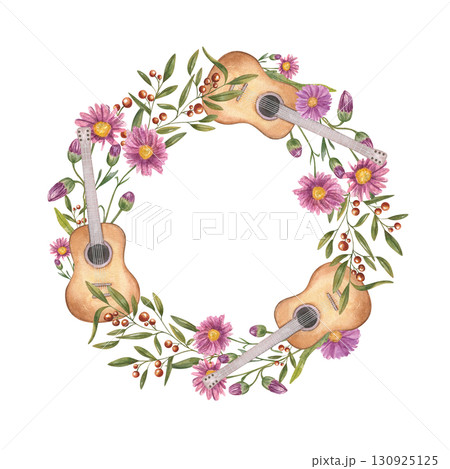 Watercolor musical stringed instrument and autumn asters, berry plant wreath on isolated background. Guitars, chrysanthemum, cotoneaster plant frame. For music event posters, concert greeting card. 130925125