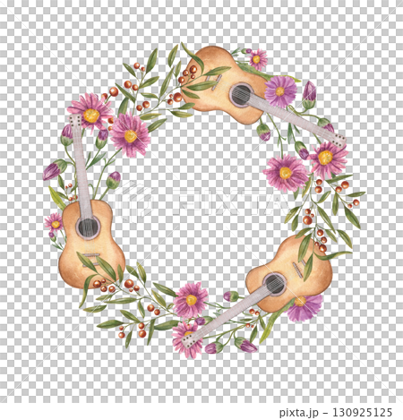 Watercolor musical stringed instrument and autumn asters, berry plant wreath on isolated background. Guitars, chrysanthemum, cotoneaster plant frame. For music event posters, concert greeting card. 130925125