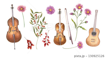 Musical set with contrabass, guitar, violin and autumn plants watercolor illustration clip art on isolated background. Hand painted music instruments, flowers, berries for jazz festival poster, design 130925126