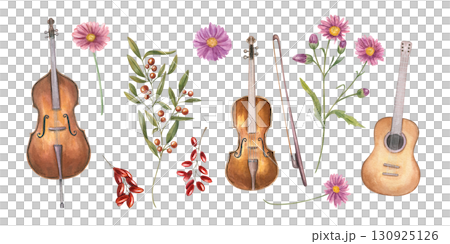Musical set with contrabass, guitar, violin and autumn plants watercolor illustration clip art on isolated background. Hand painted music instruments, flowers, berries for jazz festival poster, design 130925126
