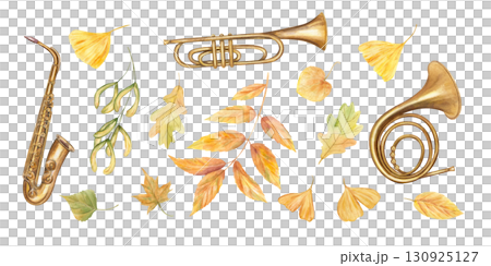 Musical set with saxophone, trumpet and French horn among autumn leaves watercolor illustration on isolated background. Music instruments, fall maple, oak, elm, gingko, ash leaf. For festival design. Musical set with saxophone, trumpet and French horn among autumn leaves watercolor illustration on isolated background. Music instruments, fall maple, oak, elm, gingko, ash leaf. For festival design. 130925127