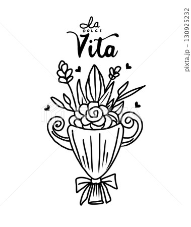 Hand drawn vector vintage doodle illustration. Luxury bouquet in vase. 130925232