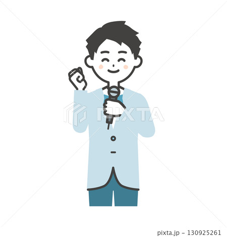 ガッツポーズしながら話すイベント司会者の男性イラスト 130925261