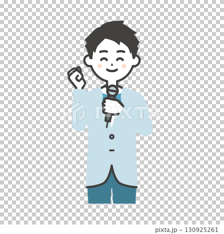 ガッツポーズしながら話すイベント司会者の男性イラスト 130925261