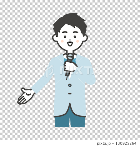 Illustration of a male event host pointing downwards Illustration of a male event host pointing downwards 130925264