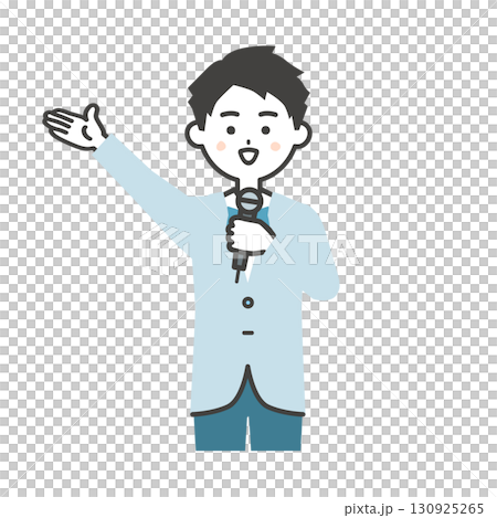 手で上のほうを指すイベント司会者の男性イラスト 130925265