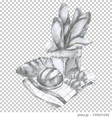 Bread, baguette, bun and croissant on white checkered towel pencil illustration. Hand drawn black and white graphics, engraved bakery pastry clipart for card, menu, label packing design 130925280