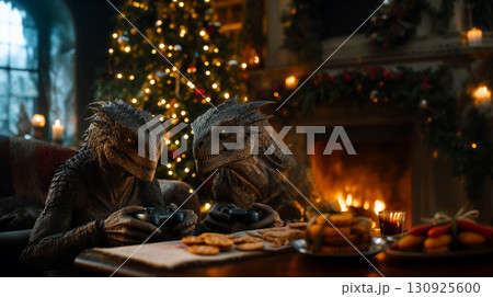 Two lizard aliens playing console video games sitting on sofa in living room with decorated Christmas tree, cookies on table in front of aliens, Christmas Eve adventure poster idea 130925600