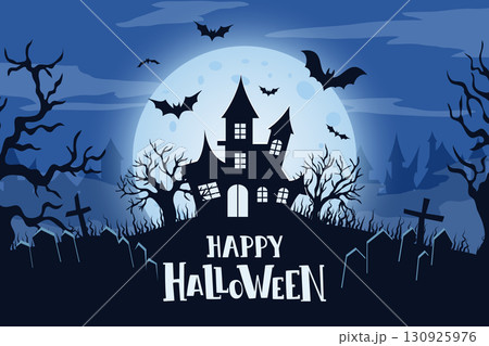 Silhouette of haunted house with bats, bare trees, crosses and full moon in background Silhouette of haunted house with bats, bare trees, crosses and full moon in background 130925976