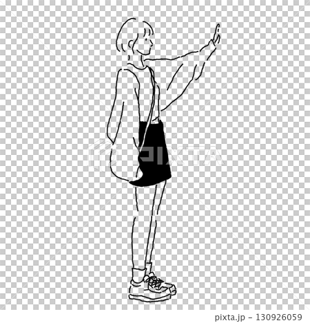 片手を上げて挨拶する女性 カジュアルファッションの線画イラスト 130926059