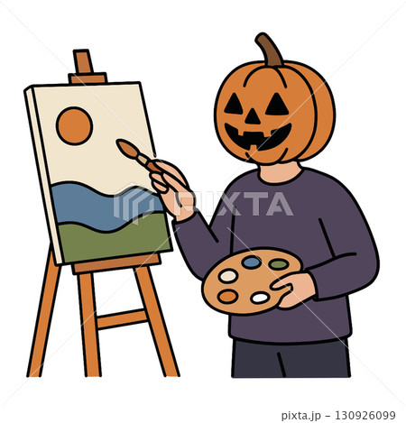 person with pumpkin head painting on canvas 130926099