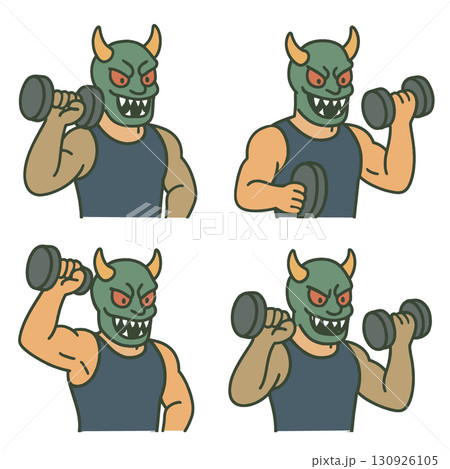 muscular man in monster mask lifting dumbbells, showing strength and determination 130926105