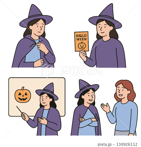 woman in witch costume holding Halloween card and teaching about pumpkins 130926112