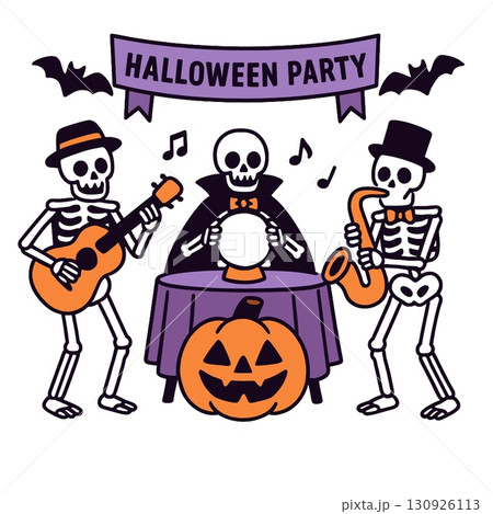 Skeletons playing music at Halloween party with pumpkin and bats 130926113