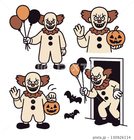 Creepy clown holding balloons and pumpkin in various poses for Halloween 130926114