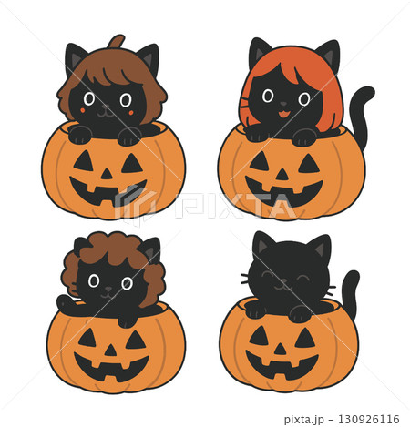 Cute black cats in Halloween pumpkins with different hairstyles 130926116