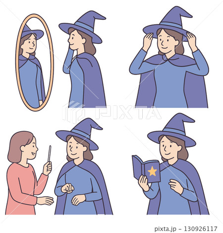 woman in witch costume looks in mirror, adjusts her hat, receives wand, and reads spellbook 130926117