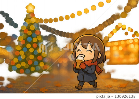 ホットチョコを飲みながら歩くミニキャラ女性のクリスマスマーケットイラスト 130926138