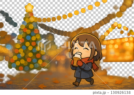 ホットチョコを飲みながら歩くミニキャラ女性のクリスマスマーケットイラスト 130926138