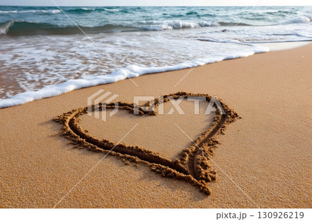 Heart drawn in the sand on a tropical beach expressing love and romance 130926219
