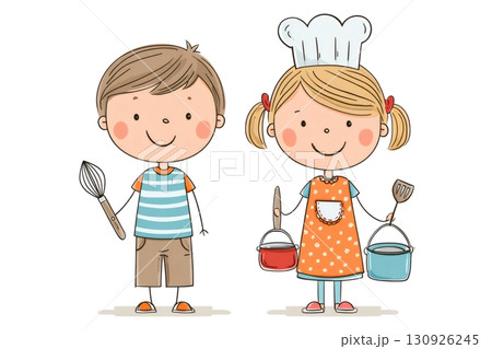 Kids chefs holding kitchen utensils and pans smiling cartoon illustration 130926245