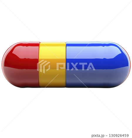 A colorful capsule pill with glossy surface, featuring red, yellow, and blue segments, symbolizing medication or supplements. vibrant colors and shiny finish create striking visual 130926459
