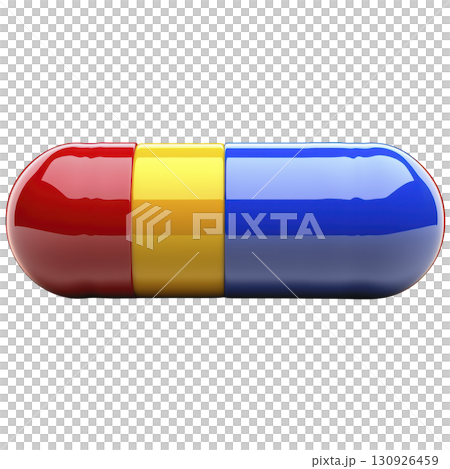 A colorful capsule pill with glossy surface, featuring red, yellow, and blue segments, symbolizing medication or supplements. vibrant colors and shiny finish create striking visual 130926459