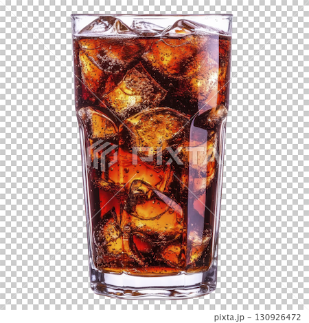 A refreshing glass of with ice cubes, showcasing fizzy bubbles and rich brown color, perfect for thirst quenching moment 130926472