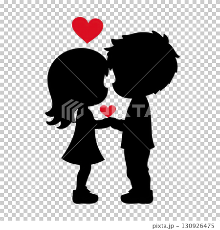 A silhouette of couple holding hands with red hearts above them, symbolizing love and affection. image conveys romantic and tender moment between two people A silhouette of couple holding hands with red hearts above them, symbolizing love and affection. image conveys romantic and tender moment between two people 130926475