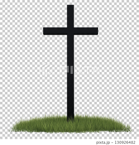 A simple black cross stands upright in patch of green grass, symbolizing peace and remembrance. serene setting evokes sense of tranquility and reflection 130926482