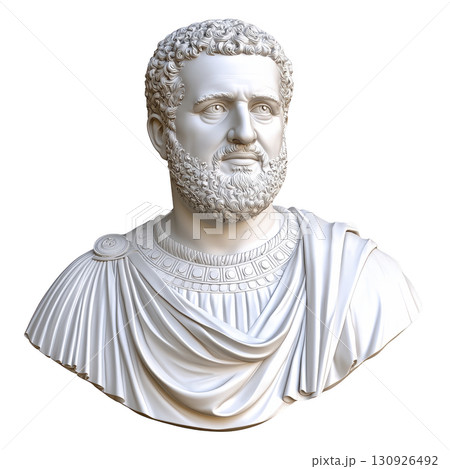 A This is marble bust of bearded man wearing toga, showcasing classical Roman sculpture style. detailed carving highlights intricate textures of hair and clothing, reflecting skilled craftsmanship 130926492
