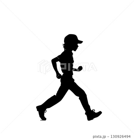 A silhouette of person running, wearing cap and casual clothing, is depicted against plain background, conveying sense of motion and energy 130926494
