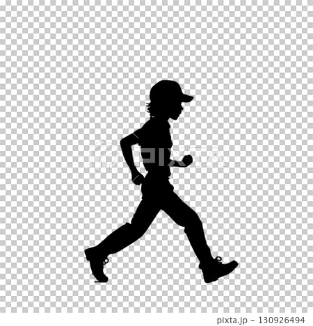 A silhouette of person running, wearing cap and casual clothing, is depicted against plain background, conveying sense of motion and energy 130926494