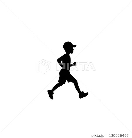 A silhouette of child running, wearing cap and shorts, is depicted against plain background, capturing sense of motion and energy 130926495