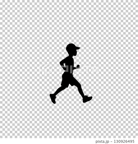 A silhouette of child running, wearing cap and shorts, is depicted against plain background, capturing sense of motion and energy 130926495