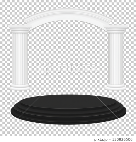 A white classical archway with two fluted columns stands on circular black platform, evoking sense of elegance and grandeur 130926506