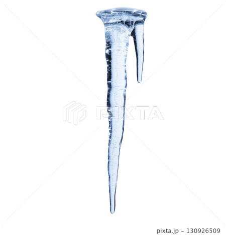 A single, elongated icicle with smooth, glossy surface hangs against transparency background, showcasing its clear, frozen structure A single, elongated icicle with smooth, glossy surface hangs against transparency background, showcasing its clear, frozen structure 130926509
