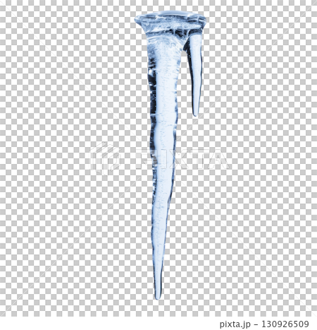 A single, elongated icicle with smooth, glossy surface hangs against transparency background, showcasing its clear, frozen structure A single, elongated icicle with smooth, glossy surface hangs against transparency background, showcasing its clear, frozen structure 130926509