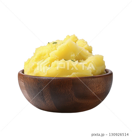 A wooden bowl filled with creamy mashed potatoes, showcasing smooth and fluffy texture, perfect for comforting meal. vibrant yellow hue suggests use of butter or cream A wooden bowl filled with creamy mashed potatoes, showcasing smooth and fluffy texture, perfect for comforting meal. vibrant yellow hue suggests use of butter or cream 130926514