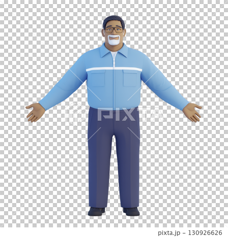 A friendly animated character with glasses, wearing light blue shirt and dark blue pants, stands with open arms. character has welcoming expression, conveying warmth and approachability 130926626