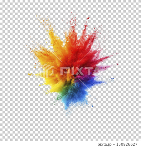 A vibrant explosion of colorful powder bursts against transparency background, creating dynamic and energetic display of red, orange, yellow, green, blue, and purple hues 130926627