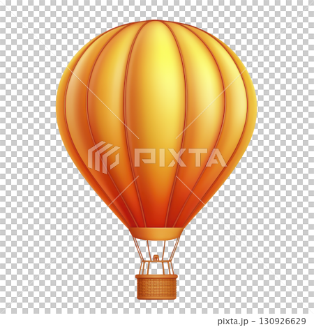 A vibrant orange and yellow hot air balloon with wicker basket, floating against clear background, evokes sense of adventure and freedom A vibrant orange and yellow hot air balloon with wicker basket, floating against clear background, evokes sense of adventure and freedom 130926629