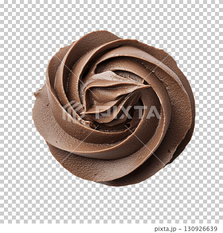 A swirl of creamy chocolate frosting is artfully arranged in circular pattern, showcasing its smooth texture and rich color. design is both elegant and appetizing 130926639